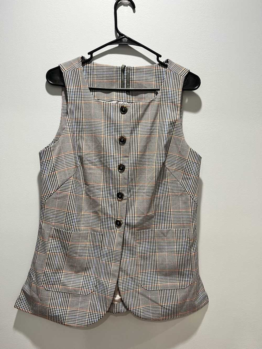Women Anthropologie Plaid Mod Button Front Vest Sleeveless Top Grey Multi Size M